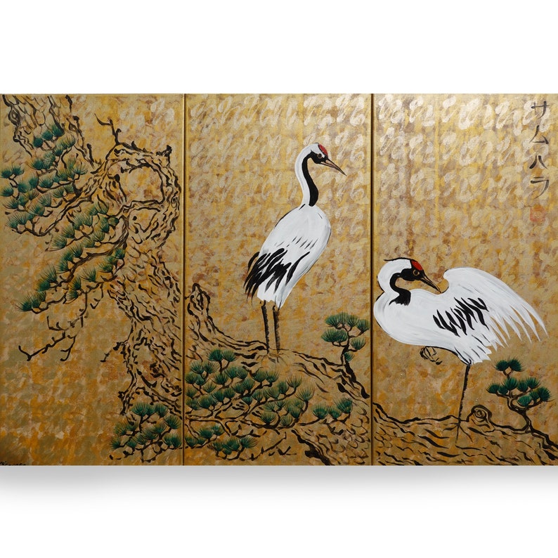 Japanese cranes サムハラ Samuhara Japan art Japanese style painting J093 Large paintings art 100x150x2 cm gold wall art by artist Ksavera image 1