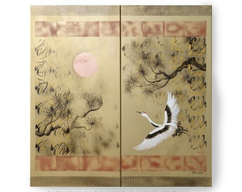 Japanese crane sun Japan Hieroglyph gold original artwork in japanese style J118 japonism ready to hang painting wall art by artist Ksavera