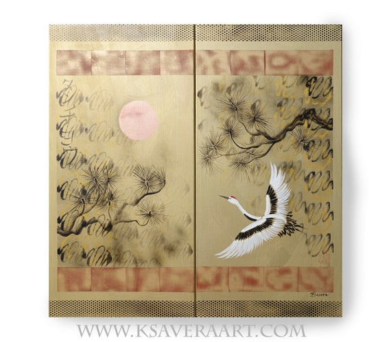 Japanese painting sakura branch sun and birds Japan Hieroglyph original  artwork in japanese style J181 wall art by artist Ksavera