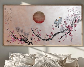 Love Birds and Sakura J506 — pearl peach Japanese Painting | Large Acrylic on Canvas | Ksavera