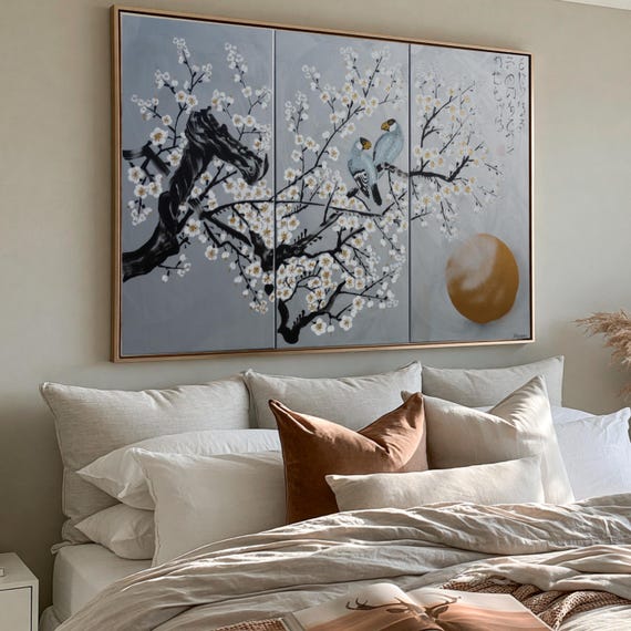 Sakura Cherry Blossom Painting J398 Japanese Style Silver Triptych by Ksavera
