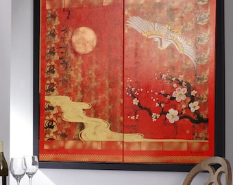 Japanese crane sun Japan Hieroglyph red original artwork in japanese style J118 japonism wall art by artist Ksavera