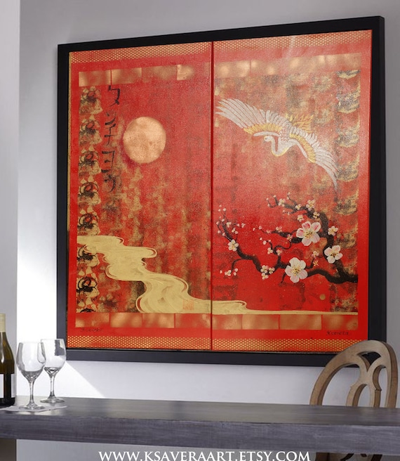 Japanese crane sun Japan Hieroglyph red original artwork in japanese style J118 japonism wall art by artist Ksavera