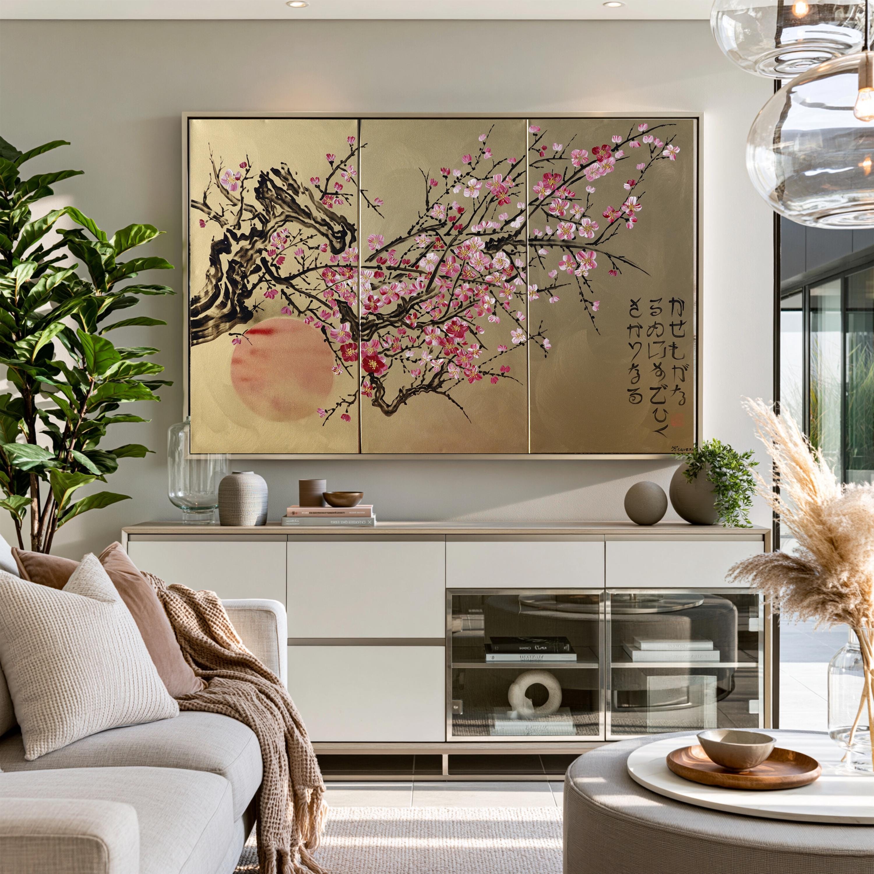 Japan Art Cherry Blossom and Sun Japanese Style Painting J205