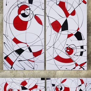 The image is a collage of abstract paintings featuring a mix of red, black, and white colors, with various shapes and lines creating a dynamic and energetic composition.