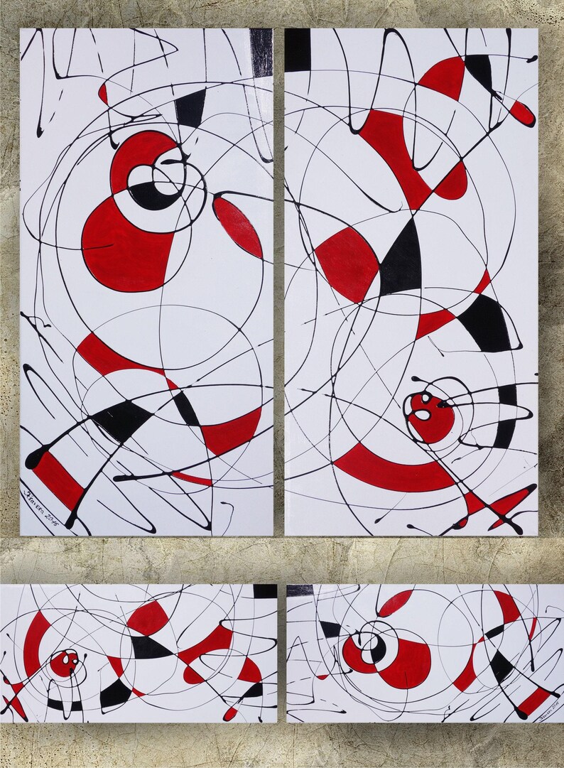 The image is a collage of abstract paintings featuring a mix of red, black, and white colors, with various shapes and lines creating a dynamic and energetic composition.