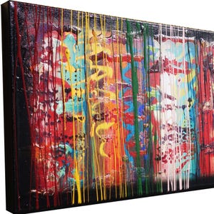 The image is a vibrant, abstract painting with a variety of colors and textures. The painting features a mix of red, yellow, green, and blue hues, creating a dynamic and energetic composition. The painting is not a single image but rather a collage of multiple images, each contributing to the overall visual impact. The painting is not a photograph, but rather a work of art that captures the viewer's attention with its vivid colors and intricate patterns.