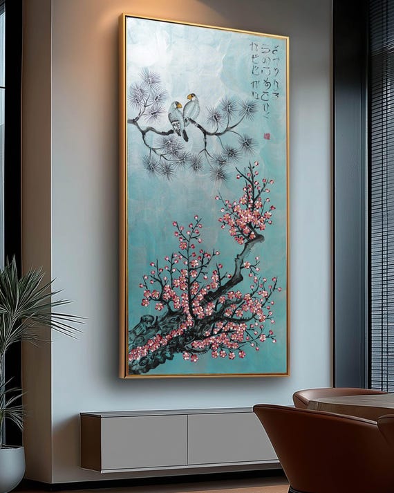 Original Acrylic Painting J531 Japanese Birds and Blossoms - Metallic Blue by Ksavera