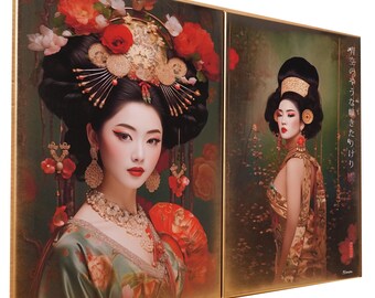 Japanese gold geisha DS0661 by artist Ksavera - set of 2 giclee prints on stretched canvas, black or gold edges. READY to HANG - diptych