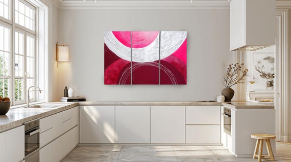 Textured Abstract Painting A037 Pink Silver Burgundy, Large Triptych by Ksavera