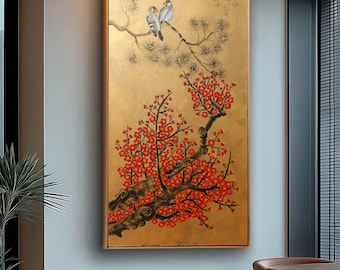 Love Birds and Red Sakura J537 | Large Vertical Gold Japanese Painting | Ksavera