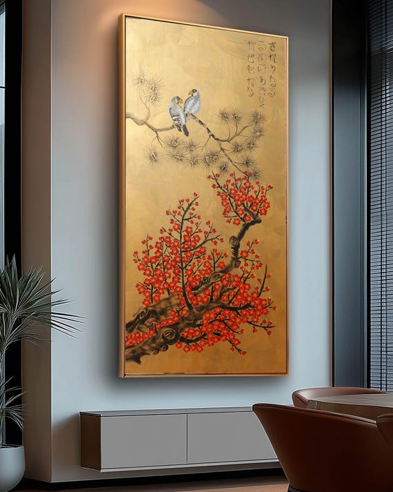 Love Birds and Red Sakura J537 | Large Vertical Gold Japanese Painting | Ksavera