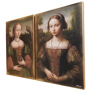 May include: Two framed paintings of women in Renaissance-style clothing. The woman on the left is wearing a green dress with a pearl necklace and holding a small object. The woman on the right is wearing a green and brown dress with a pearl necklace and has her hands clasped in front of her.