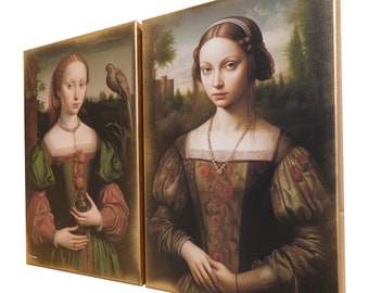 Renaissance portrait DS0669 by artist Ksavera - set of 2 giclee prints on stretched canvas, black or gold edges. READY to HANG - diptych