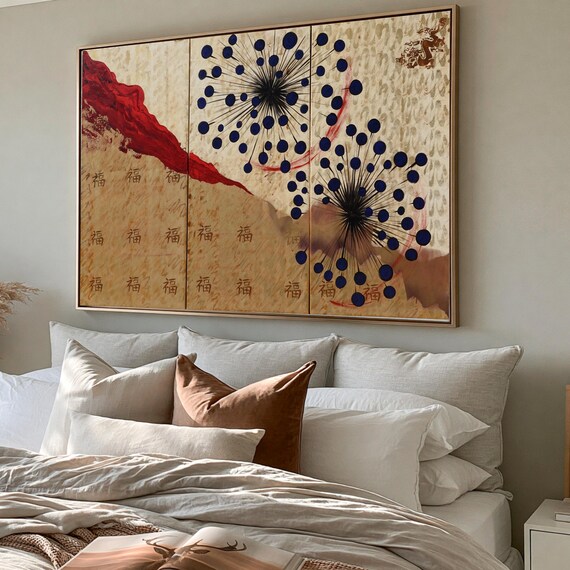 Ocher japanese Abstract A857 - triptych painting by Ksavera