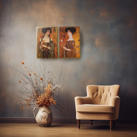 Belle Epoque DS0257 von Ksavera - Set mit 2 Giclée-Drucken auf Leinwand, Goldspray Diptychon, limitierte Auflage von 10, Klimt, Porträt