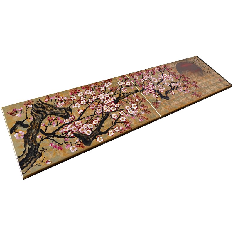 The image is a painting of a tree with pink flowers, depicting a serene and beautiful scene.
