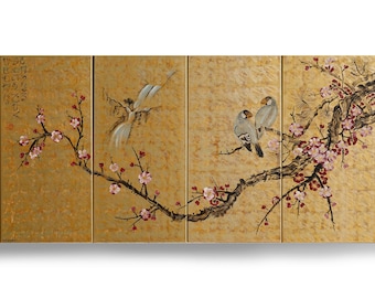 Sakura J348 - Japansk konst Körsbärsblommor och turturduvor Japansk stilmålning Storformatbilder Akrylmålningar Guldfärgad väggkonst av Ksavera