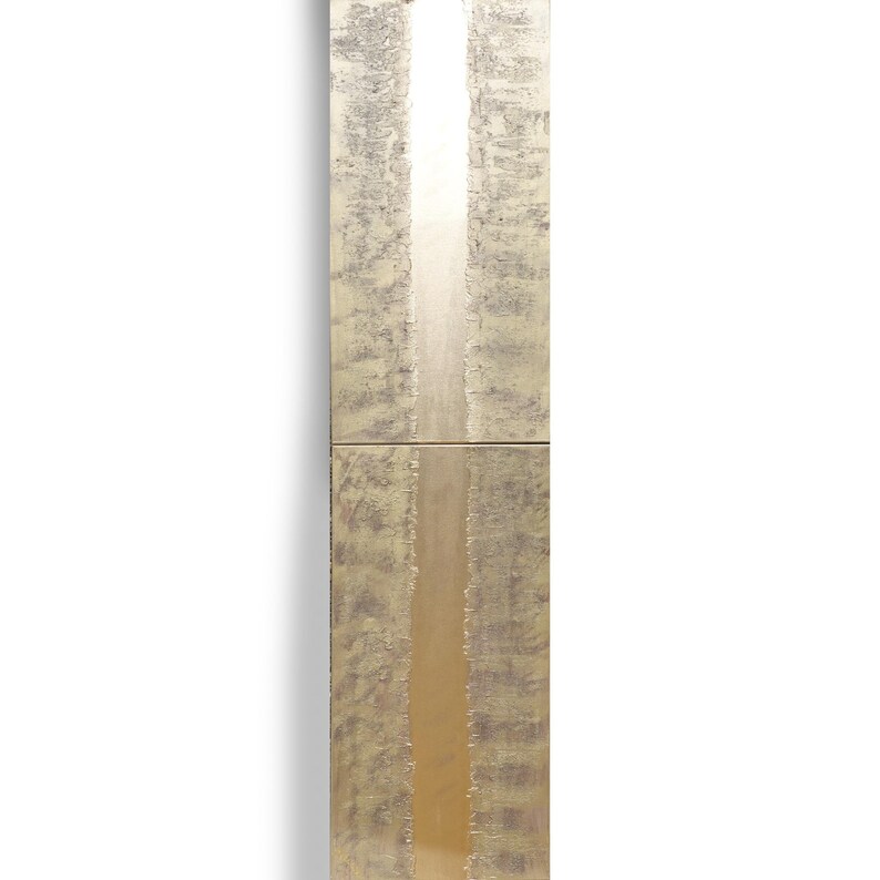 The image is a tall, narrow, and textured piece of art, possibly a painting or sculpture, with a vertical line running through it.
