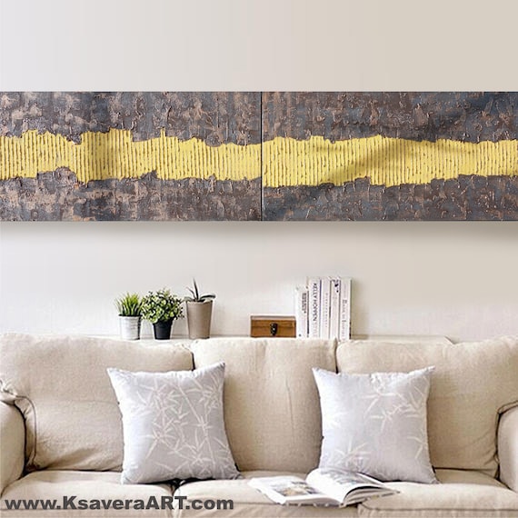yellow rusty iron Abstract Painting vertical textured wall art A082 Acrylic Contemporary Art for Lounge, Office above sofa by artist Ksavera