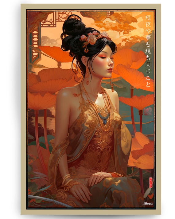 Goddess of lotus DS0376 by artist Ksavera - Giclée print on the stretched canvas or the unstretched canvas, the fleece blanket or mat rug