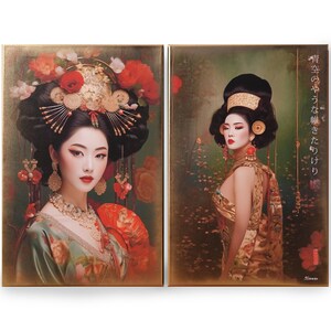 The image is a collage of two photographs featuring women in traditional Japanese attire, with elaborate hairstyles and ornate headpieces.