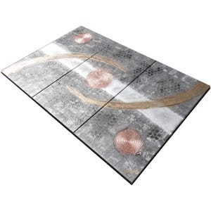 The image is a rectangular artwork with a metallic texture, featuring three circular shapes and a curved line.
