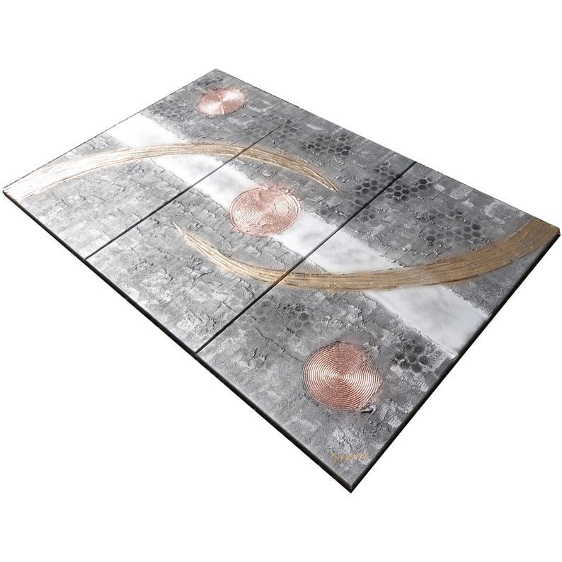 The image is a rectangular artwork with a metallic texture, featuring three circular shapes and a curved line.