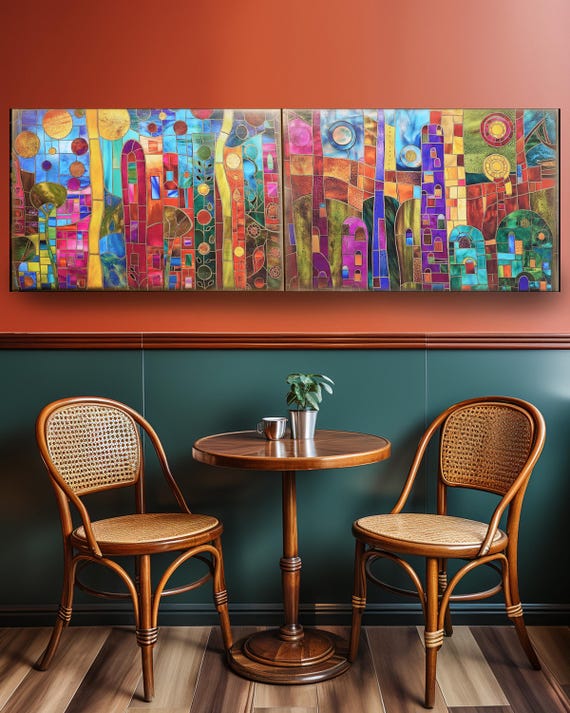 Belle Epoque DS0721 by artist Ksavera - set of 2 giclee prints on stretched canvas, READY to HANG - diptych - Gold lines are handpainted