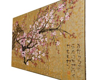 Japanese Sakura J236 - Large Gold Triptych, Original Art