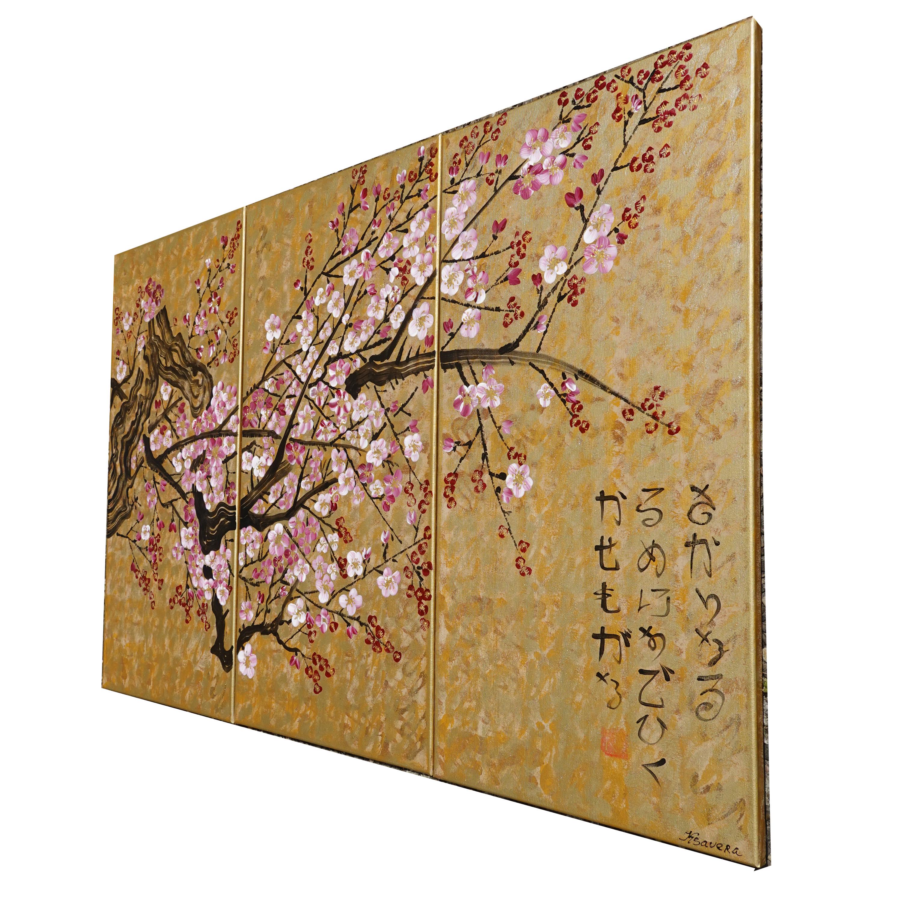 Japanese sakura J236 - large gold triptych, original art