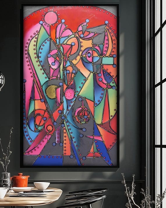 Abstract Geometric Painting A1430 | Modern Colorful Wall Art | Red and Turquoise Original Canvas | Contemporary Home Decor | Ksavera