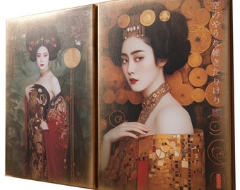 Japanese gold geisha DS0665 by artist Ksavera - set of 2 giclee prints on stretched canvas, black or gold edges. READY to HANG - diptych
