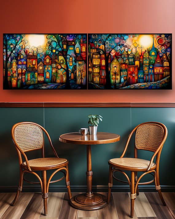 Belle Epoque DS0724 by artist Ksavera - set of 2 giclee prints on stretched canvas, black or gold, READY to HANG - diptych - Enchanted town