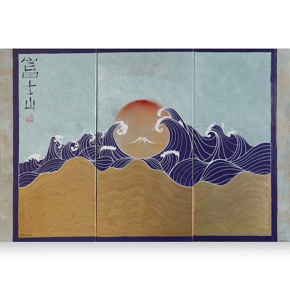 Fuji J179 - large gold triptych, original art, japanese style paintings by artist Ksavera