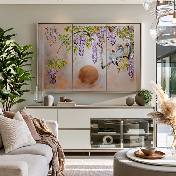 Japan art Wisteria and love birds Japanese style painting J303 Large paintings stretched canvas acrylic paintings wall art by artist Ksavera