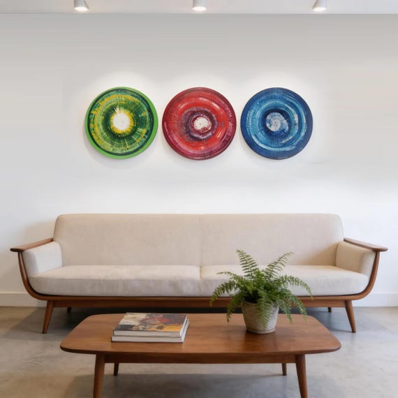 Abstract Wall Art A600 Round Acrylic Paintings Set Red, Green, Blue by Ksavera