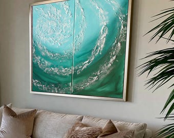 Emerald Green Abstract Painting A089 Ocean Swirl Nautical Diptych by Ksavera