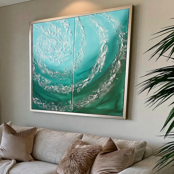 Emerald Green Abstract Painting A089 Ocean Swirl Nautical Diptych by Ksavera