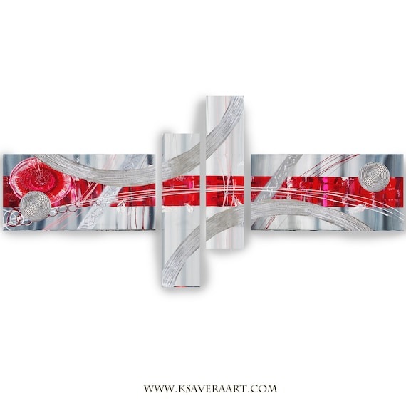 Silver red Abstract Set 4 piece paintings  art A2011/02 Abstract textured Painting Acrylic Contemporary Art for Lounge by artist Ksavera