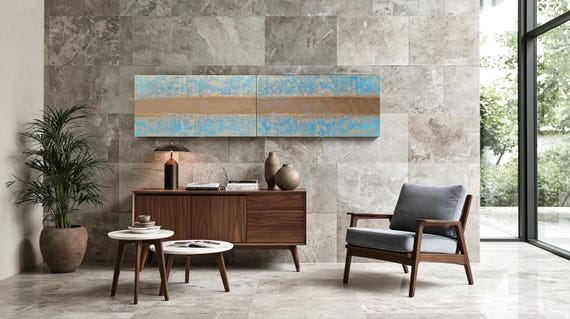 Long narrow gold diptych abstract painting A999 - acrylic paintings by artist Ksavera