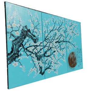 Japanese Sakura J306 cherry blossom triptych large original acrylic painting in turquoise by the artist Ksavera. image 8