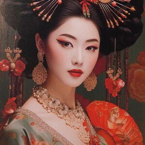 A portrait of a woman wearing traditional Asian clothing, including a large headdress with intricate decorations and a red and gold floral pattern.