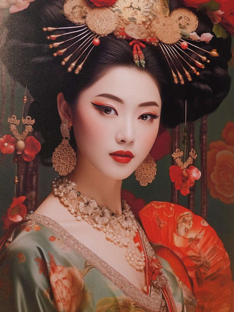 A portrait of a woman wearing traditional Asian clothing, including a large headdress with intricate decorations and a red and gold floral pattern.