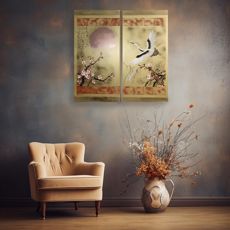 a cozy living room with a beige armchair, a vase of dried flowers, and a wall art depicting a crane and cherry blossoms.