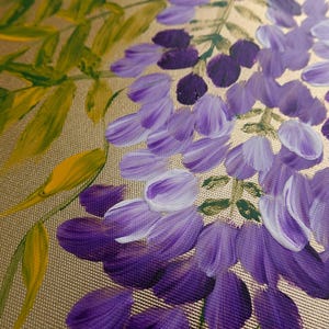 The image is a close-up of a painting featuring a variety of purple and yellow flowers, with the flowers appearing to be in different stages of bloom.