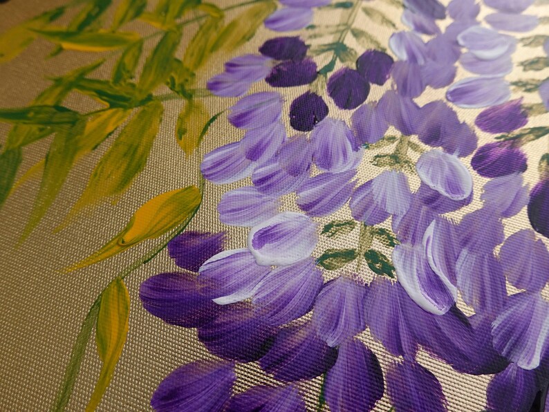 The image is a close-up of a painting featuring a variety of purple and yellow flowers, with the flowers appearing to be in different stages of bloom.