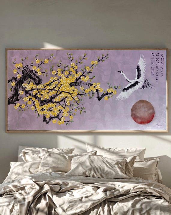 Japanese crane J519 | Original Acrylic Painting on Large Canvas | Japandi Wall Art by Ksavera