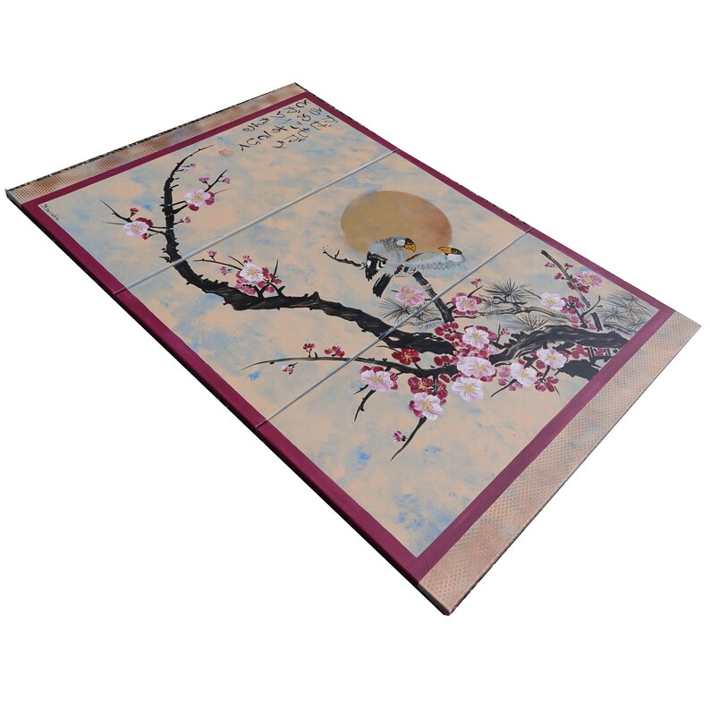 Japanese painting sakura branch sun and birds Japan Hieroglyph original artwork in japanese style J181 wall art by artist Ksavera image 6