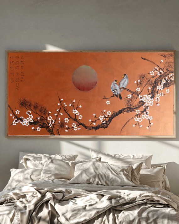 Japanese Birds Wall Art J528 Acrylic Painting on Large Canvas Copper by Ksavera